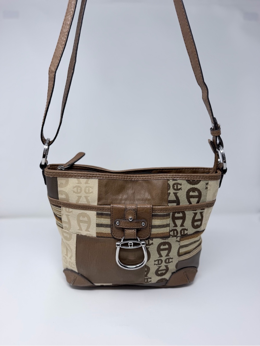 Etienne Aigner Brown Signature Logo Patchwork Crossbody Shoulder Bag